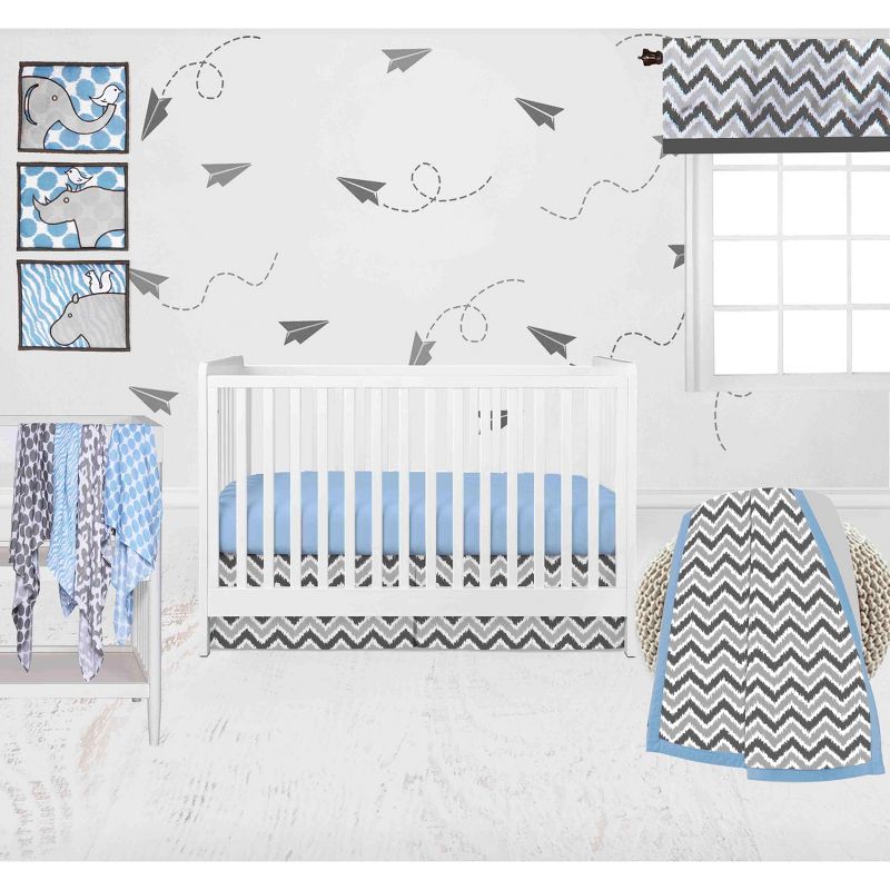 Bacati - Ikat Dots Zebra Blue Grey Muslin Boys 10 pc Crib Set with wall hangings & Mobile, 1 of 10