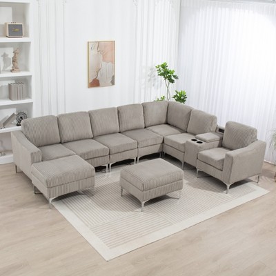 Aortzio 129.14"W L-Shaped Sectional Sofa,Indoor Furniture Convertible Modular Corduroy Sectional Sofa Set with 2 Ottomans for Living Room