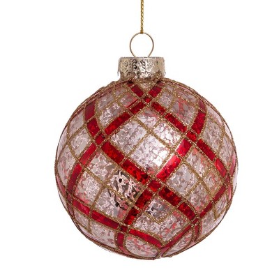 Kurt Adler 80mm Silver With Gold And Red Plaid Glass Ball Ornaments, 6