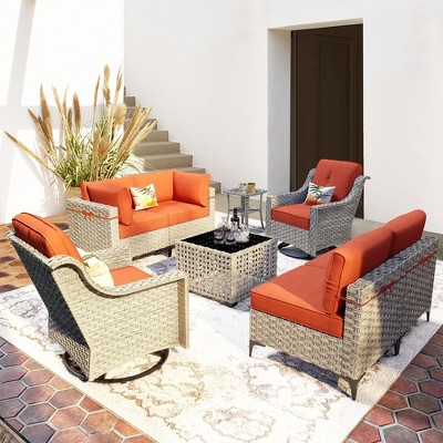 XIZZI 8PCS Furniture Set, Modular Sectional Sofa with Swivel Rocking Chairs and Side Table, Outside Coversation Set with Solar Coffee Table
