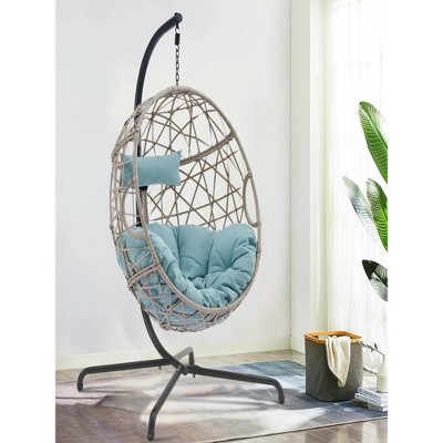 81"Patio Wicker Swing Egg Chair Basket Rattan Teardrop Hanging Lounge Chair with Stand and Cushions