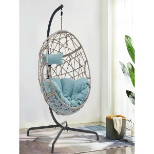 81"Patio Wicker Swing Egg Chair Basket Rattan Teardrop Hanging Lounge Chair with Stand and Cushions - 1 of 4