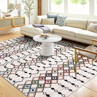 Boho Rug Moroccan Trellis Area Rug Washable Rug Faux Wool Geometric Distressed Carpet