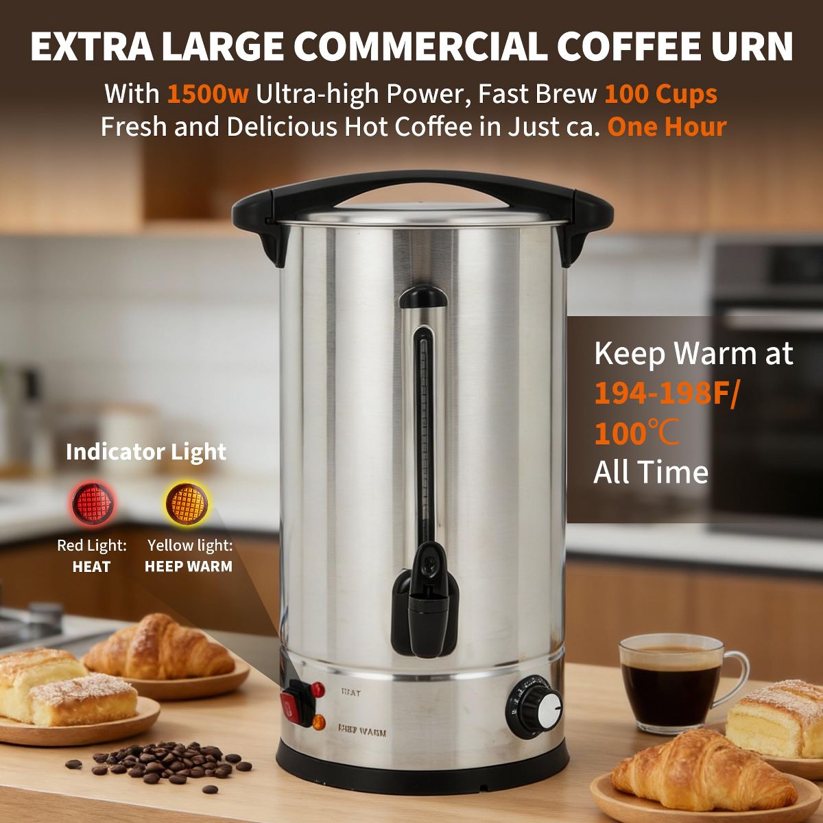 Garvee 110-Cup Stainless Steel Coffee Urn, 16L Double Wall Insulation Hot Beverage Dispenser with Faucet for Party Buffet – Black - thumbnail 2