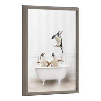 18" x 24" Blake Penguins Bathroom by Amy Peterson Art Studio Framed Printed Glass Gray - Kate & Laurel All Things Decor