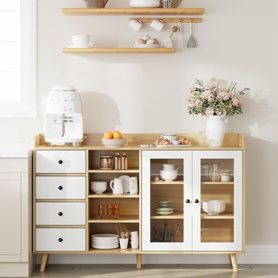 Farmhouse Sideboard Buffet Cabinet with Open Racks & 4 Drawers, Kitchen Cabinet with Glass Doors & Adjustable Shelf