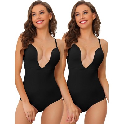 Allegra K Women's U Plunge Leotard Waist Adjustable Straps Built-in Bodysuits 2 Pcs