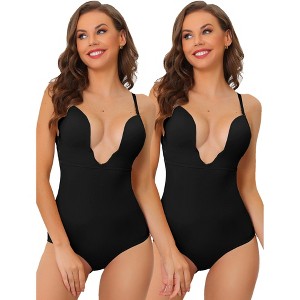 Allegra K Women's U Plunge Leotard Waist Adjustable Straps Built-in Bodysuits 2 Pcs - 1 of 4