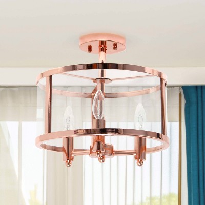 Rose Gold 3-Light 13" Glass & Iron Industrial Farmhouse Semi-Flushmount