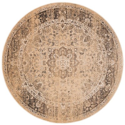 Vintage Warm Beige Floral Round Wool Area Rug