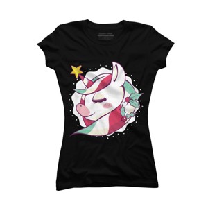 Junior's Design By Humans Striped Christmas Unicorn By rasok T-Shirt - 1 of 3