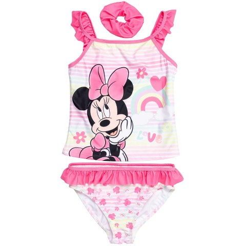 Disney Mickey Mouse & Friends Minnie Mouse Little Girls Tankini Top Bikini Bottom and Scrunchie 3 Piece Swimsuit Set Pink 4