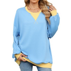 Women's Color Block Pullover Hoodie Oversized Round Neck Long Sleeve Cropped Sweatshirt Casual Streetwear Top - 1 of 3