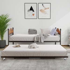 Twin Daybed with Foldable Pop Up Trundle Bed, Heavy Duty Metal Sofa Bed Frame with Headboard, Strong Supports for Living Room, Bedroom, Guest Room - 1 of 4