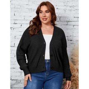 Plus Size Women's Chunky Knit Open Front Sweater Long Sleeve Button Loose Short Cardigan Outerwear Coats - 1 of 4