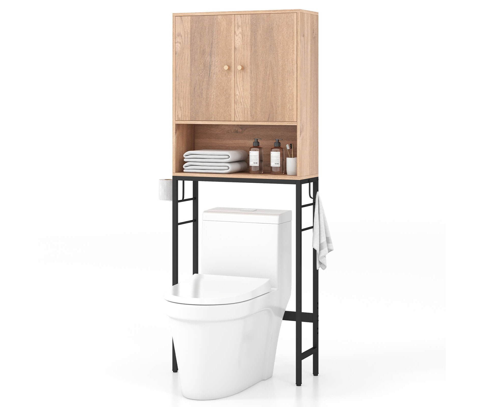 Costway Over The Toilet Storage Cabinet Free Standing Toilet Rack with Adjustable Shelf Natural