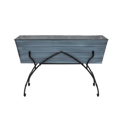 Nantucket Blue Galvanized Steel Flower Planter Box with Iron Stand