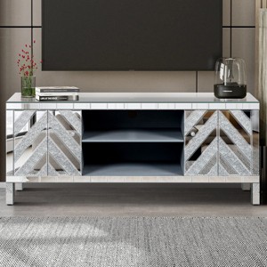 47'' Silver Mirrored TV Stand, Modern Console Cabinet with Dual Mirror Glass Doors and Open Storage, TV Cabinets for Living Room – Cuddlewood - 1 of 4