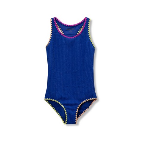 Lands' End Kids Chlorine Resistant Embroidered One Piece Swimsuit - Medium - Dazzling Blue