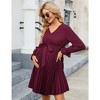 Womens Maternity Long Puff Sleeve Pleated Dress V Neck Ruffle Casual Flowy Belted Midi Dress Baby Shower Photoshoot - 4 of 4