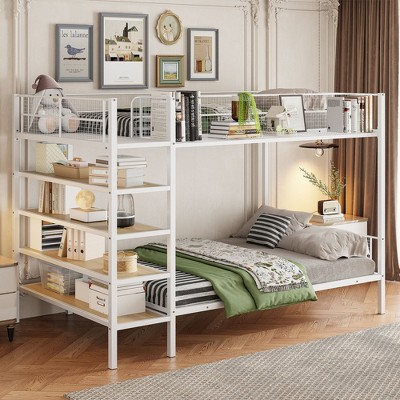 Grungis Twin Over Full Loft Bed with 5-Tier Shelves,Modern Metal Bunk Bed with Ladder and Guardrails,Loft and Bunk Bed for Bedroom