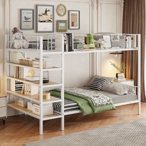 Grungis Twin Over Full Loft Bed with 5-Tier Shelves,Modern Metal Bunk Bed with Ladder and Guardrails,Loft and Bunk Bed for Bedroom - 1 of 4