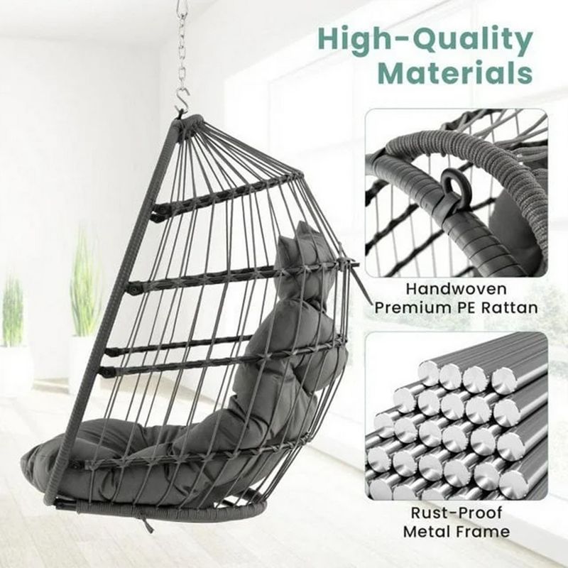 SKONYON Outdoor Foldable Wicker Swing Egg Chair with Cushion Dark Gray, Without Stand, 5 of 7
