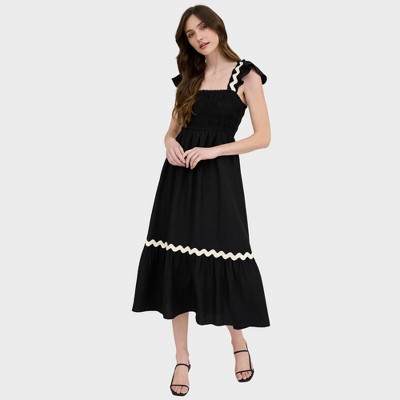 August Sky Women's Contrast Wavy Trim Smocked Midi Dress