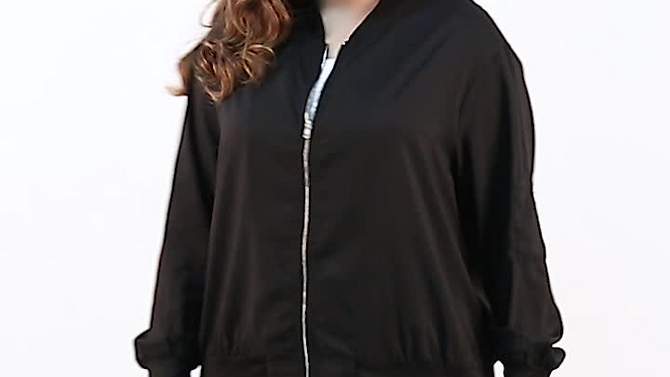 Agnes Orinda Women Plus Size Contrast Trim Zipper Pocket Lightweight Bomber Jacket, 2 of 8, play video