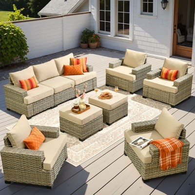 XIZZI All-Weather Rattan Furniture, Sectional Sets w/ Optional Solar Light-Up Coffee Table & Ottoman, Choose 6-9pc Configs in 8 Fade Resistant Colors