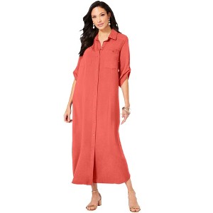 Roaman's Women's Plus Size Collared Button Front Dress - 1 of 4