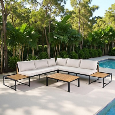 4-Piece Outdoor Patio Iron Sectional Sofa Set with Coffee Table and Side Storage Shelf
