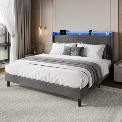 Twin LED Bed Frame with Charging Station, Upholstered Platform Bed Frame with Headboard, Under Bed Storage, No Box Spring Needed, Noise Free