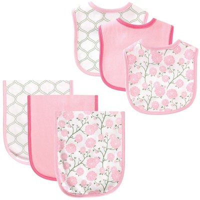 Hudson Baby Infant Girl Cotton Bib and Burp Cloth Set 6pk, Flower, One Size