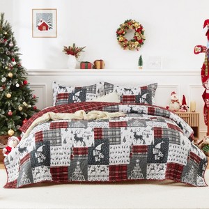 GustoWave Christmas Plaid Quilts Coverlet Bed Set with Pillow Shams, Bedding Set - 1 of 4