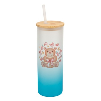 Elanze Designs 25 Ounce Frosted Glass Gradient Travel Tumbler With Straw and Wooden Lid, Girl Teddy Bear Sky Blue