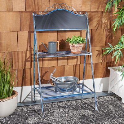 Antique Blue Iron Two-Tier Outdoor Plant Stand