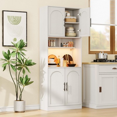 71" Pantry Cabinet, Tall Kitchen Hutch with Led Lights, Freestanding Kitchen Cabinet with Microwave Shelf, for Dining Room, Bathroom, Living Room
