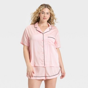 Women's Satin Short Sleeve Notch Collar Shirt and Shorts Pajama Set - Wild Fable™ - 1 of 3