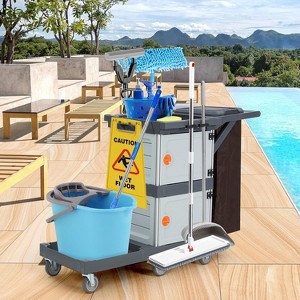 Cleaning Cart on Wheels with 2 Cabinets, Commercial Janitorial Cart with Cover and Vinyl Bag, Housekeeping Caddy for Hotels,Schools, and Business - 1 of 4