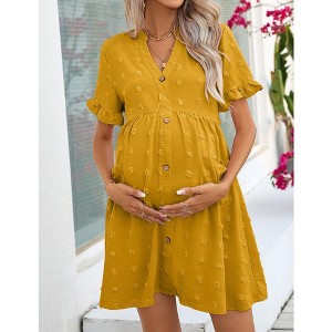 Womens Maternity Dress Swiss Dot V Neck Short Sleeve Button Down Summer Casual Baby Shower Mini Dresses - 1 of 4