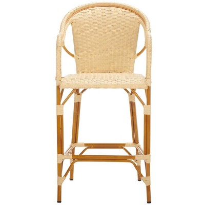 Natural Woven Faux Wicker and Aluminum Bar Stool with Arms