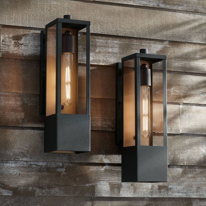 Possini Euro Design Berk Modern Outdoor Wall Light Fixtures Set of 2 Textured Black Gold Metal 16" Clear Glass for Post Exterior Barn, 2 of 9