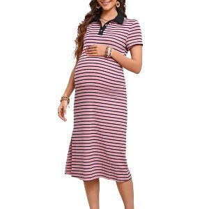 Maternity Collared V Neck Summer Dress Short Sleeve Striped Button Slit Bodycon Baby Shower Midi Dress Photoshoot - 1 of 4