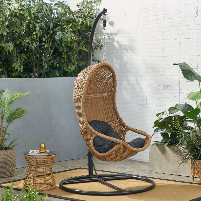 Ripley Outdoor Wicker Hanging Chair with Stand - Light Brown/Dark Gray - Christopher Knight Home, 3 of 10