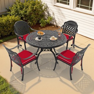 5-Piece Cast Aluminum Outdoor Dining Set: Round Table, Stackable Chairs & Red Cushions - All-Weather Patio Furniture for Your Backyard - 1 of 4