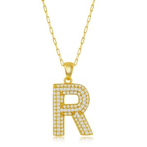 Bella Silver Sterling Silver Micro Pave CZ Block Initial w/Paperclip Chain Gold Plated 18" Pendant Necklace - 1 of 2