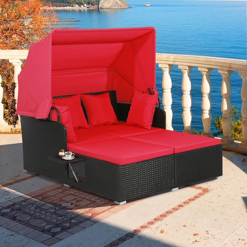 Tangkula Patio Hand-Woven PE Wicker Daybed Outdoor Loveseat Sofa Set w/ Red Cushions, 3 of 11
