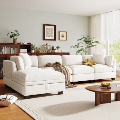 CAVINAS Upholstered Premium Modular Sectional Sofa with Removable Storage,Hidden Cup Holders for Living Room Apartment,Beige