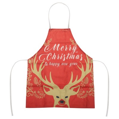 Unique Bargains Christmas Aprons Christmas Celebration English Elk Head Linen White Red Gold Tone 21.65"x26.77" 1 Pcs